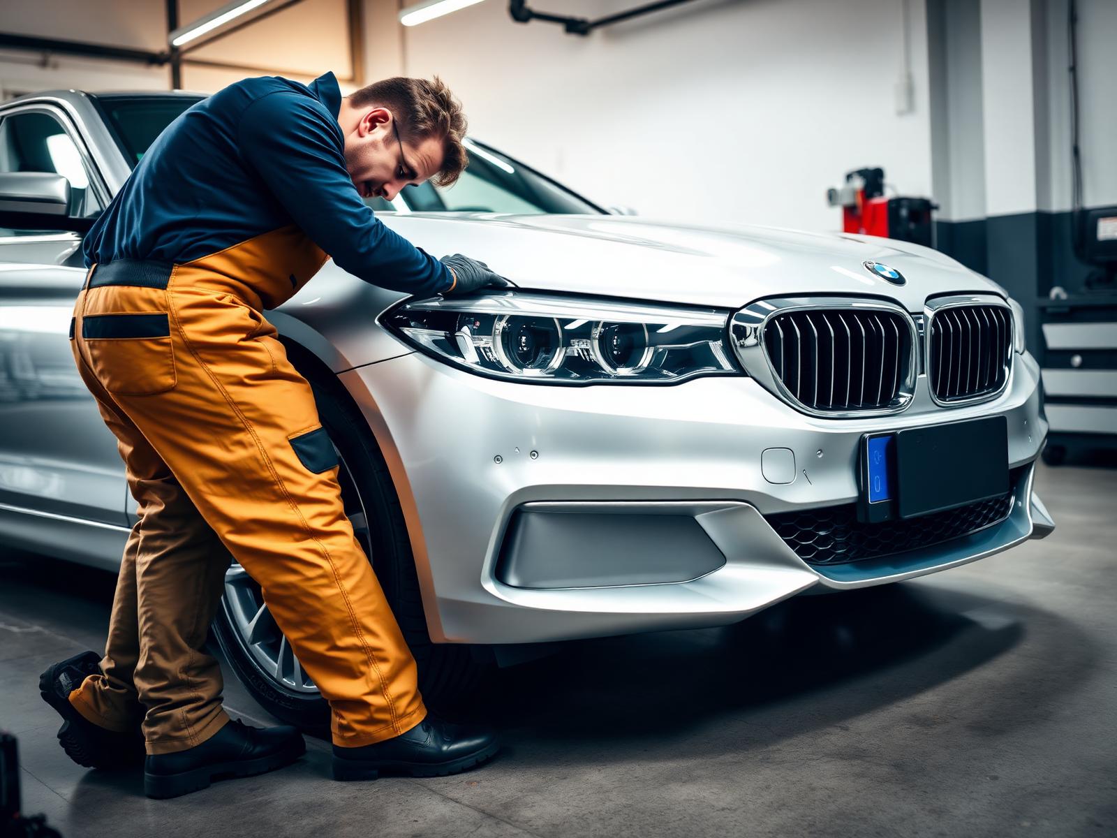 Technician detailing a silver BMW 5 Series in the shop